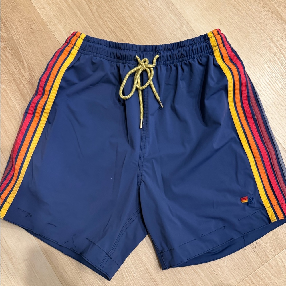 Navy Blue Swim Shorts with Rainbow Stripes